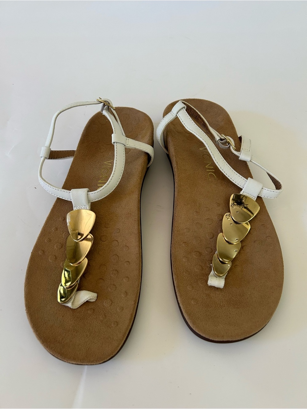 NEW White Women's T-Strap leather Sandals with Gold Accent - Picture 2 of 14